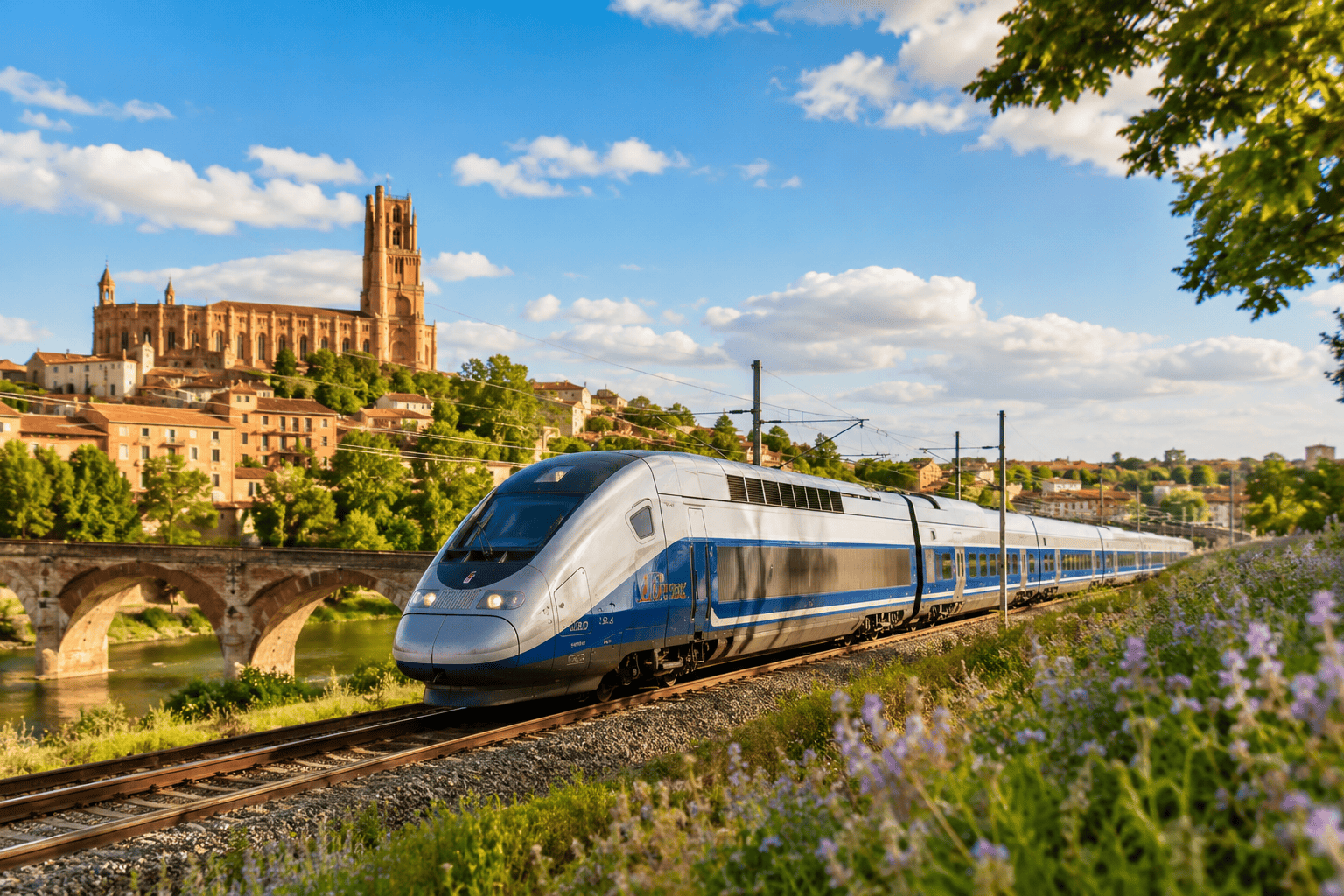Generated image: Modern train through scenic countryside