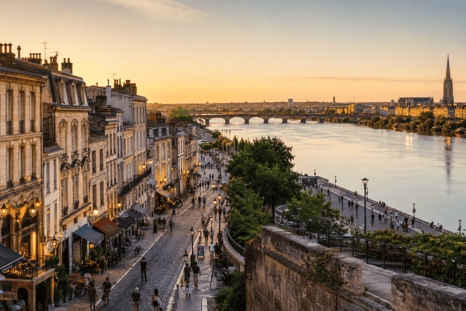 Bordeaux neighborhoods near the river at golden hour