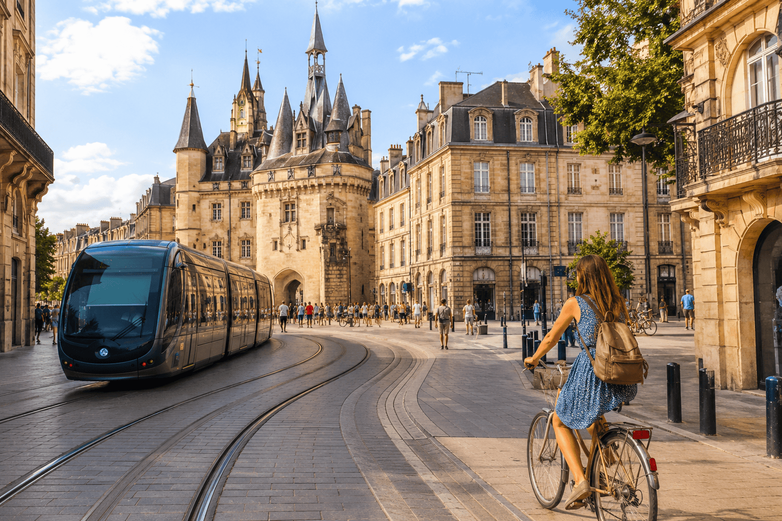 Bordeaux tram and cycling route on a sunny street