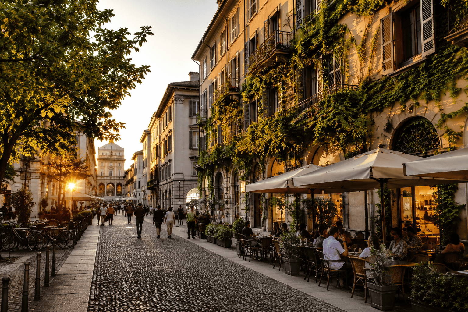 Golden hour street cafe scene in Brera Milan