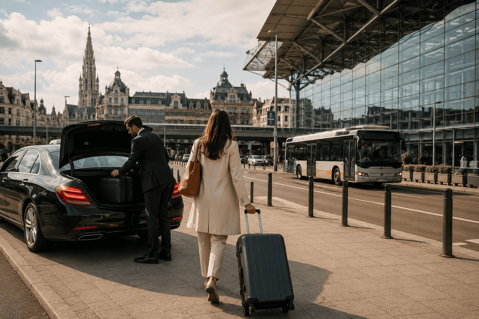 Generated image: Busy airport curbside with modern transport