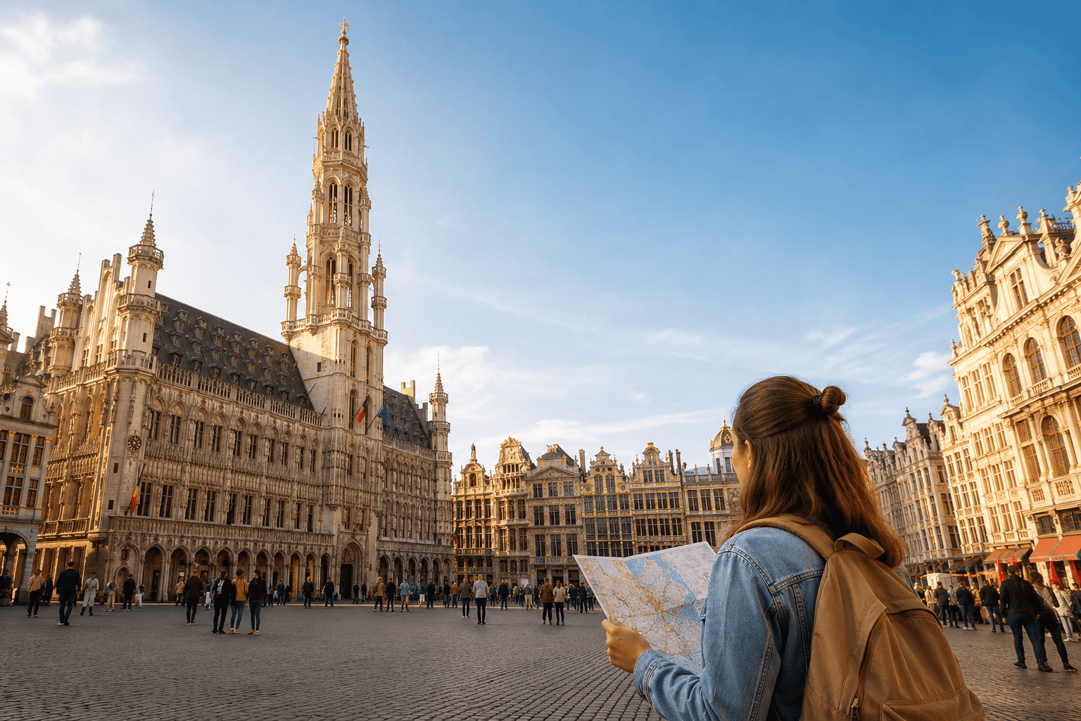 Historic Brussels square under a bright sky