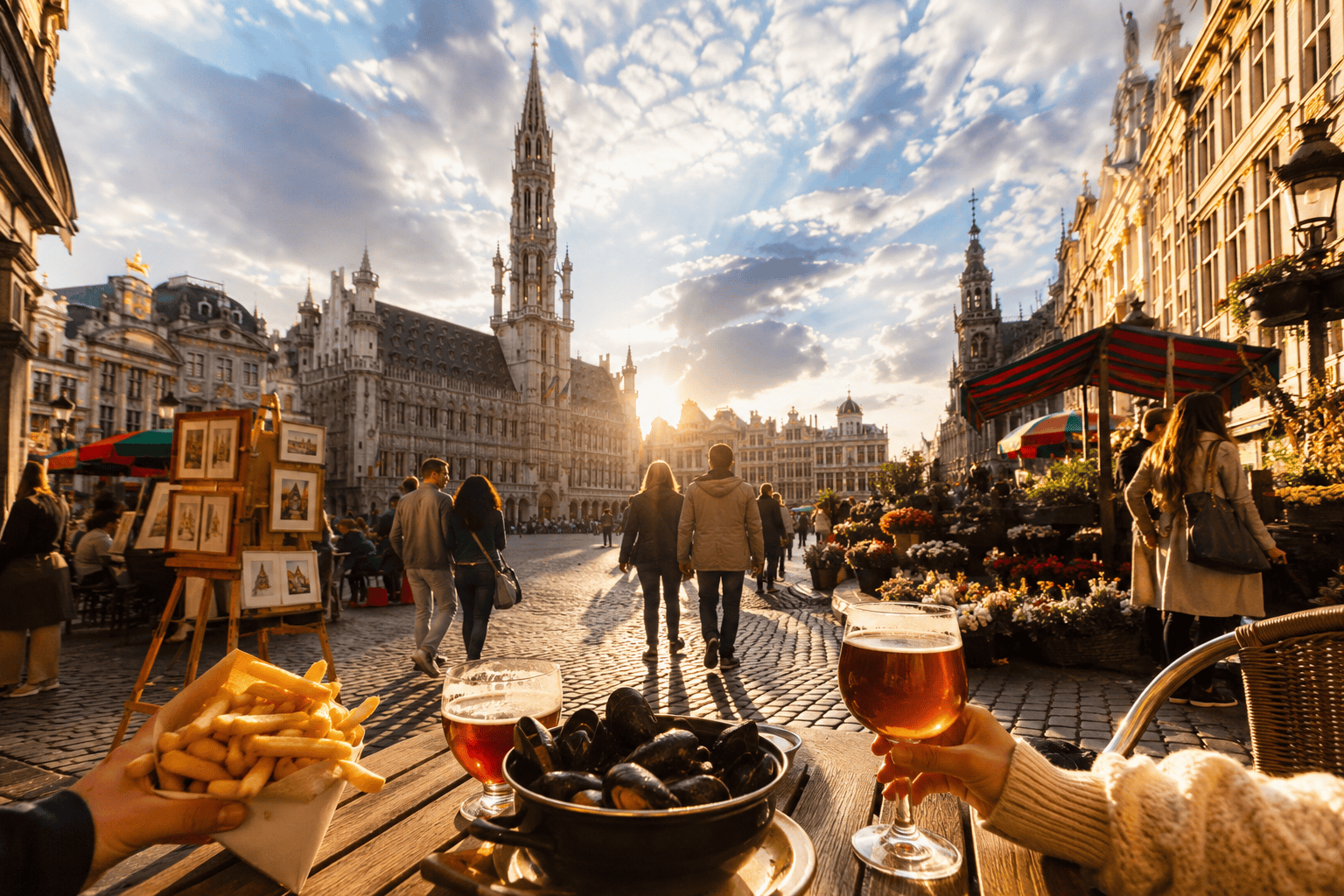 Late-afternoon cafe in a historic Brussels square