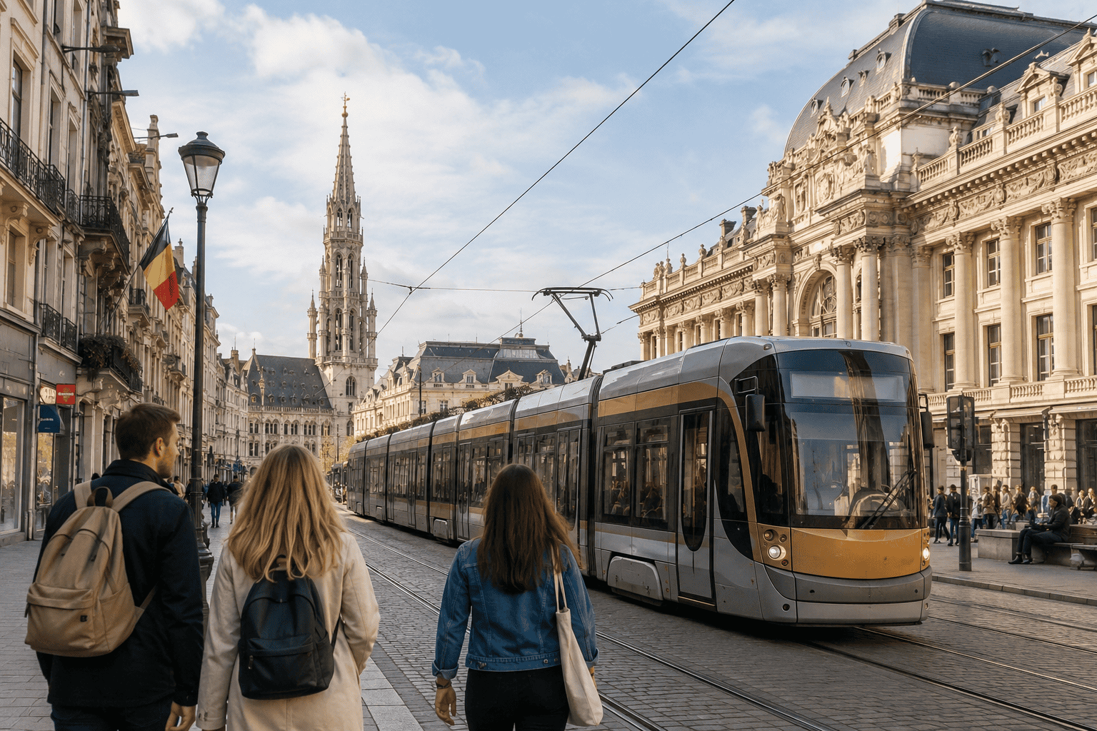 Tram and historic streets in Brussels city center