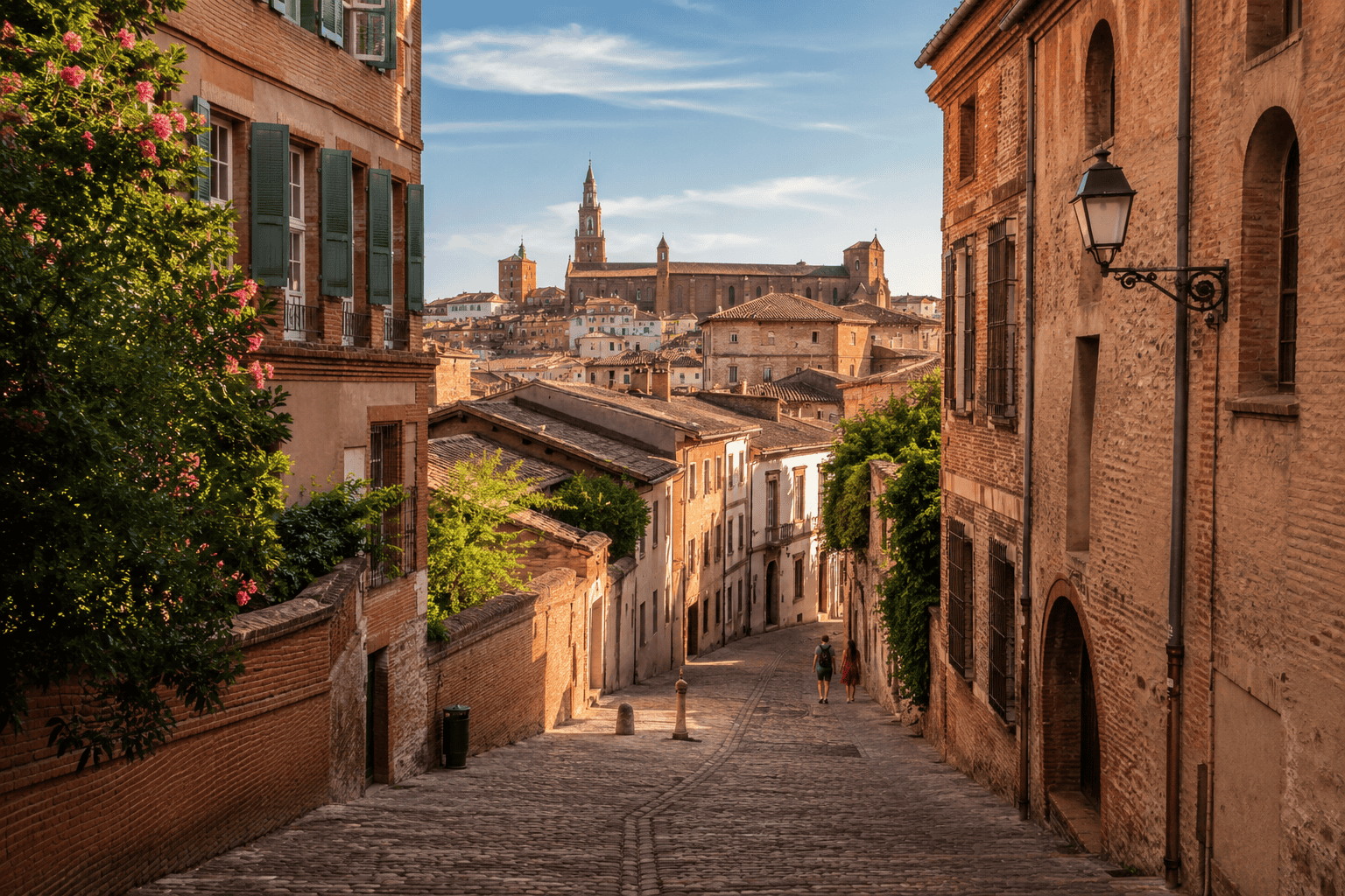 Charming sunlit old-town street in Carmes, Toulouse