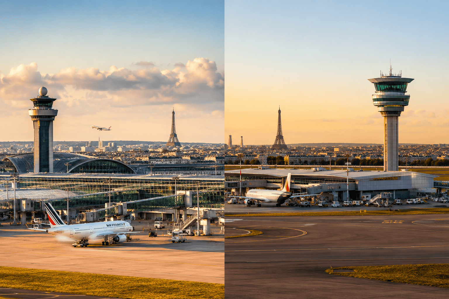 CDG and Orly airport comparison with Paris skyline