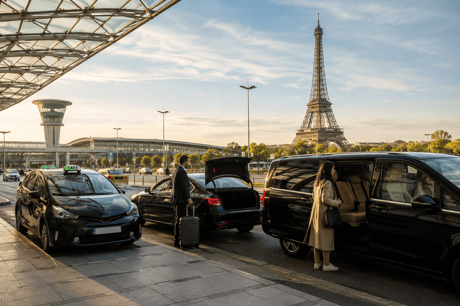 Travelers comparing airport transfer options in Paris