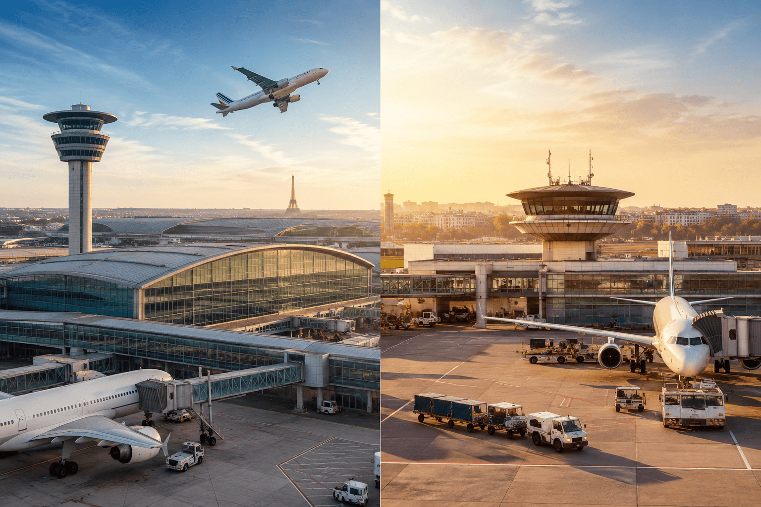 CDG vs Orly Paris airport comparison with airport panoramas at sunset