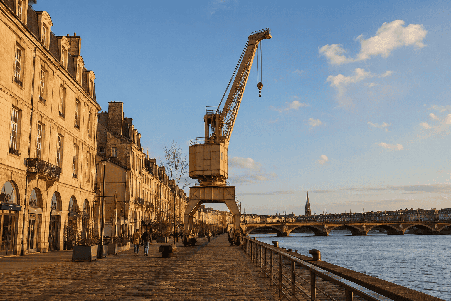 Golden-hour riverside city view in Chartrons, Bordeaux