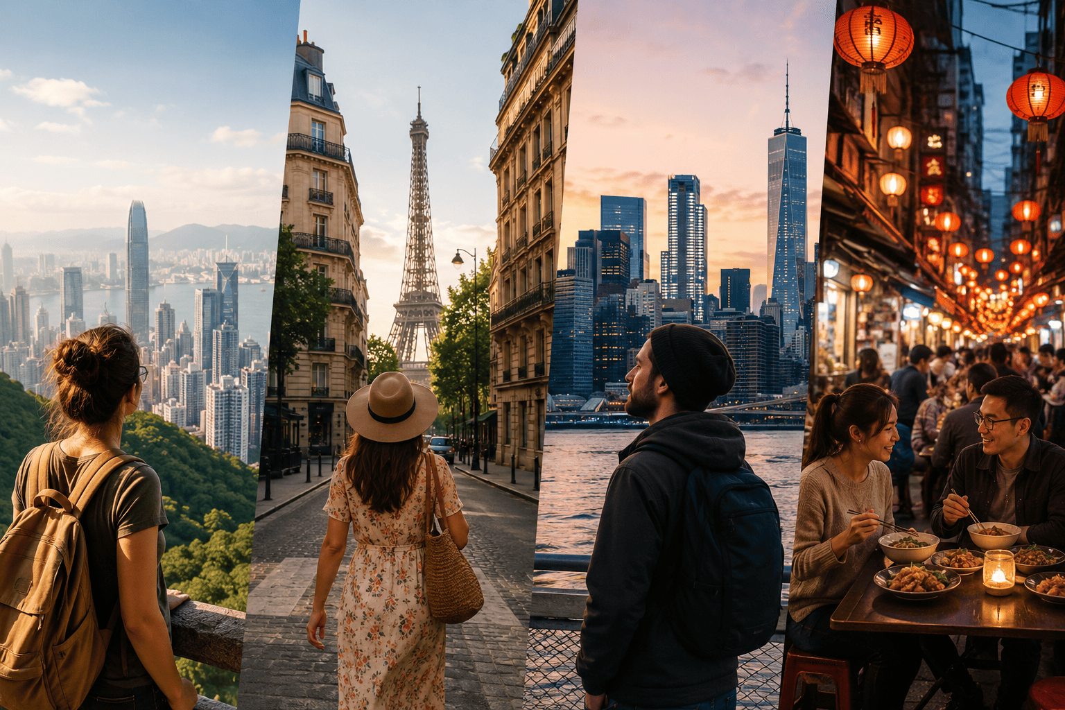 Travelers comparing different city travel styles in vibrant destinations
