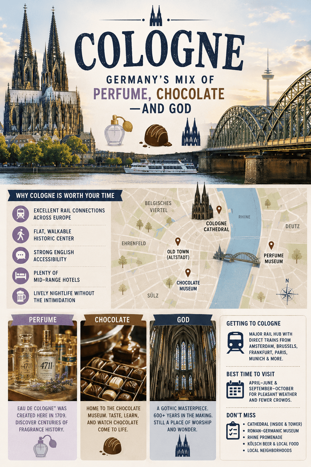 cologne germany perfume chocolate cathedral travel guide infographic