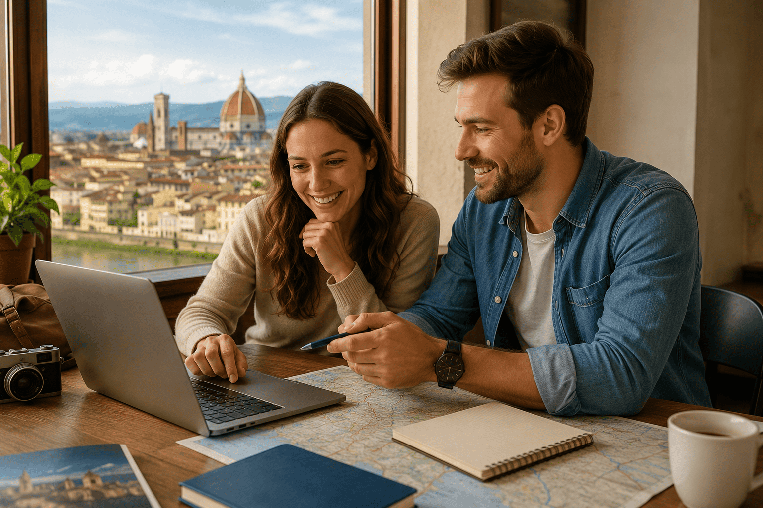 Travel planning desk with maps and Europe itinerary notes