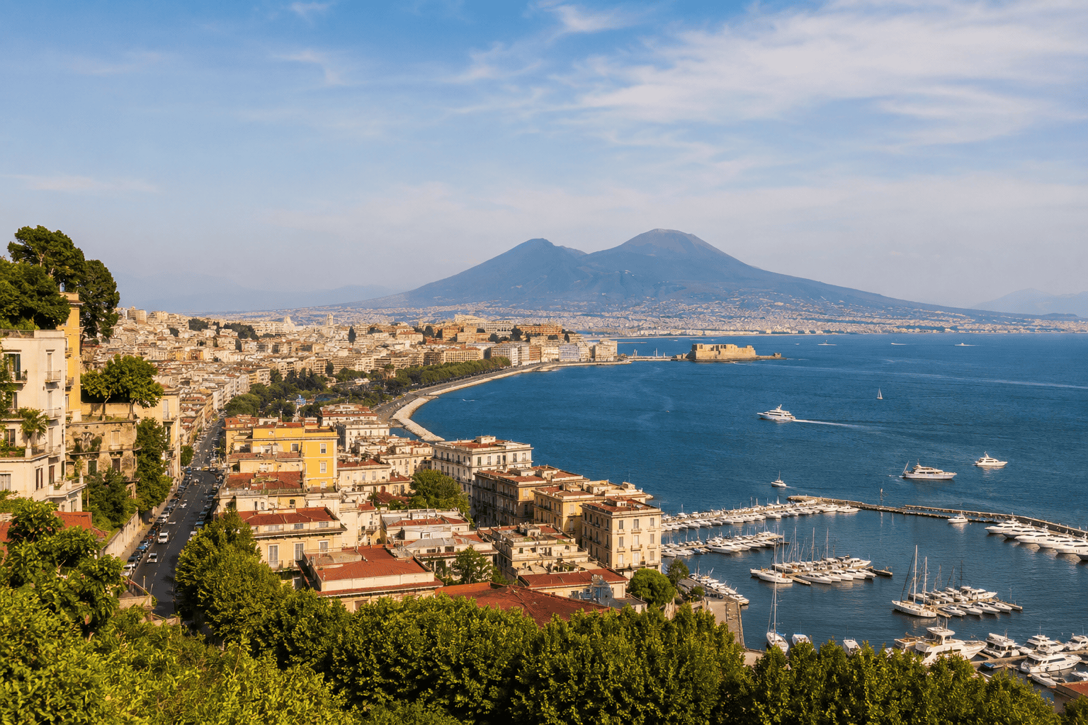 Coastal Naples with volcanic backdrop for day 2 of a first-time itinerary