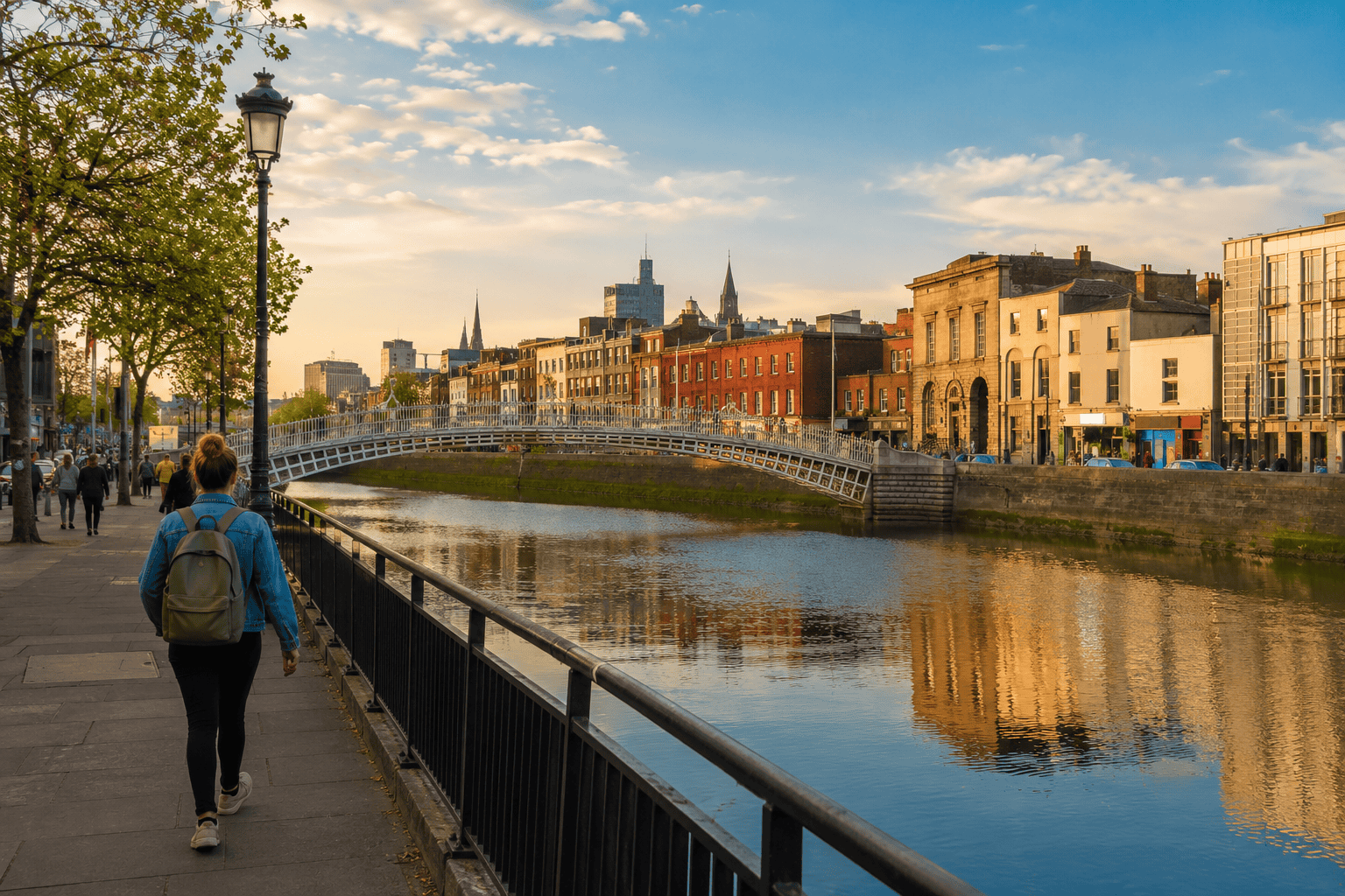 Walking along the river in Dublin during golden hour