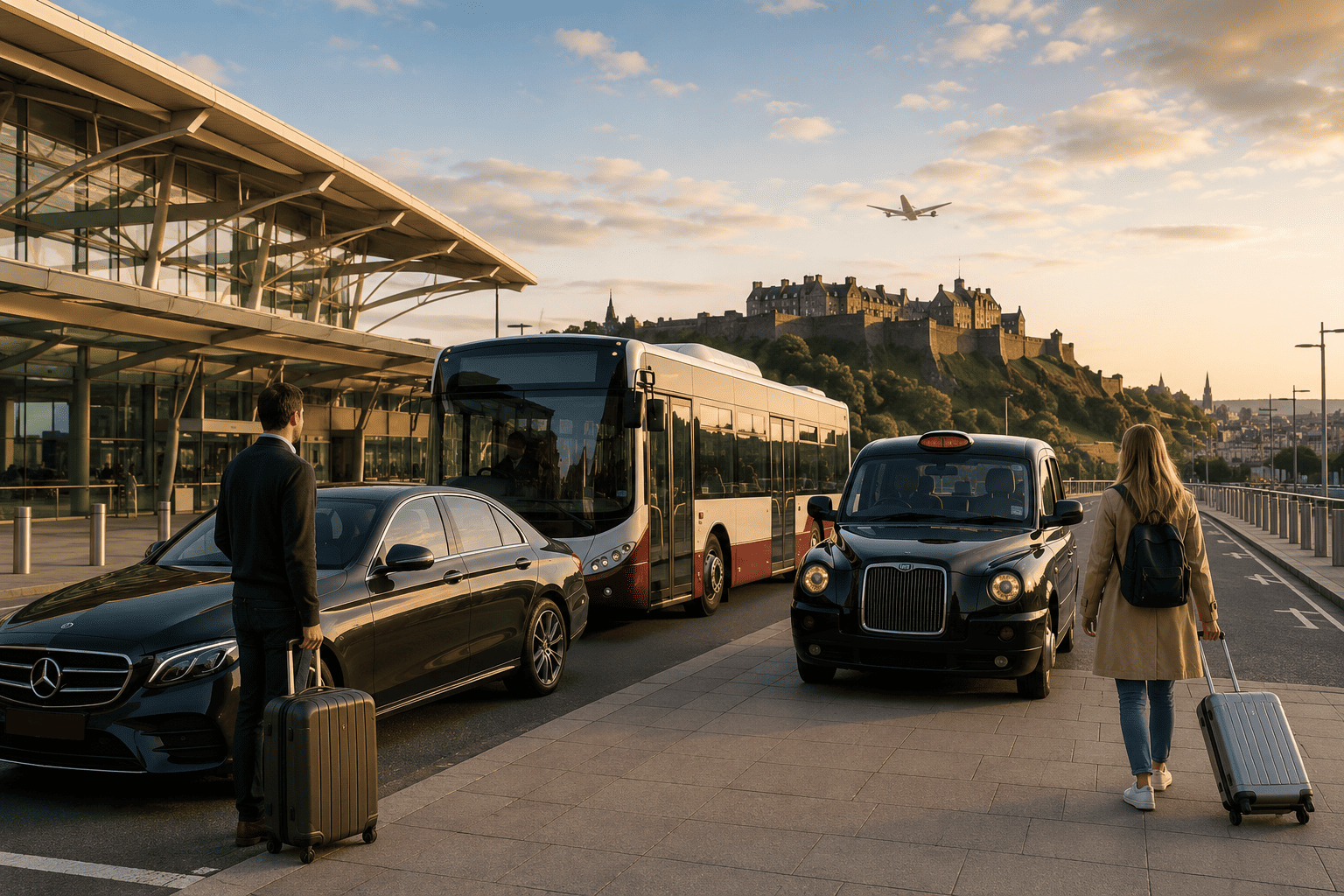 Edinburgh Airport transfer options including tram, bus, and taxi