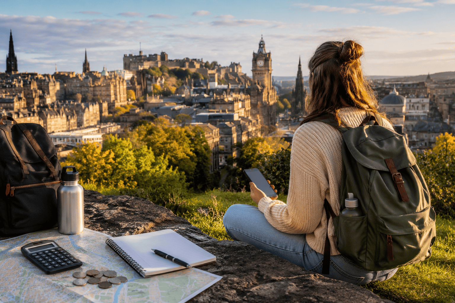 Travelers enjoying panoramic Edinburgh city views on a budget