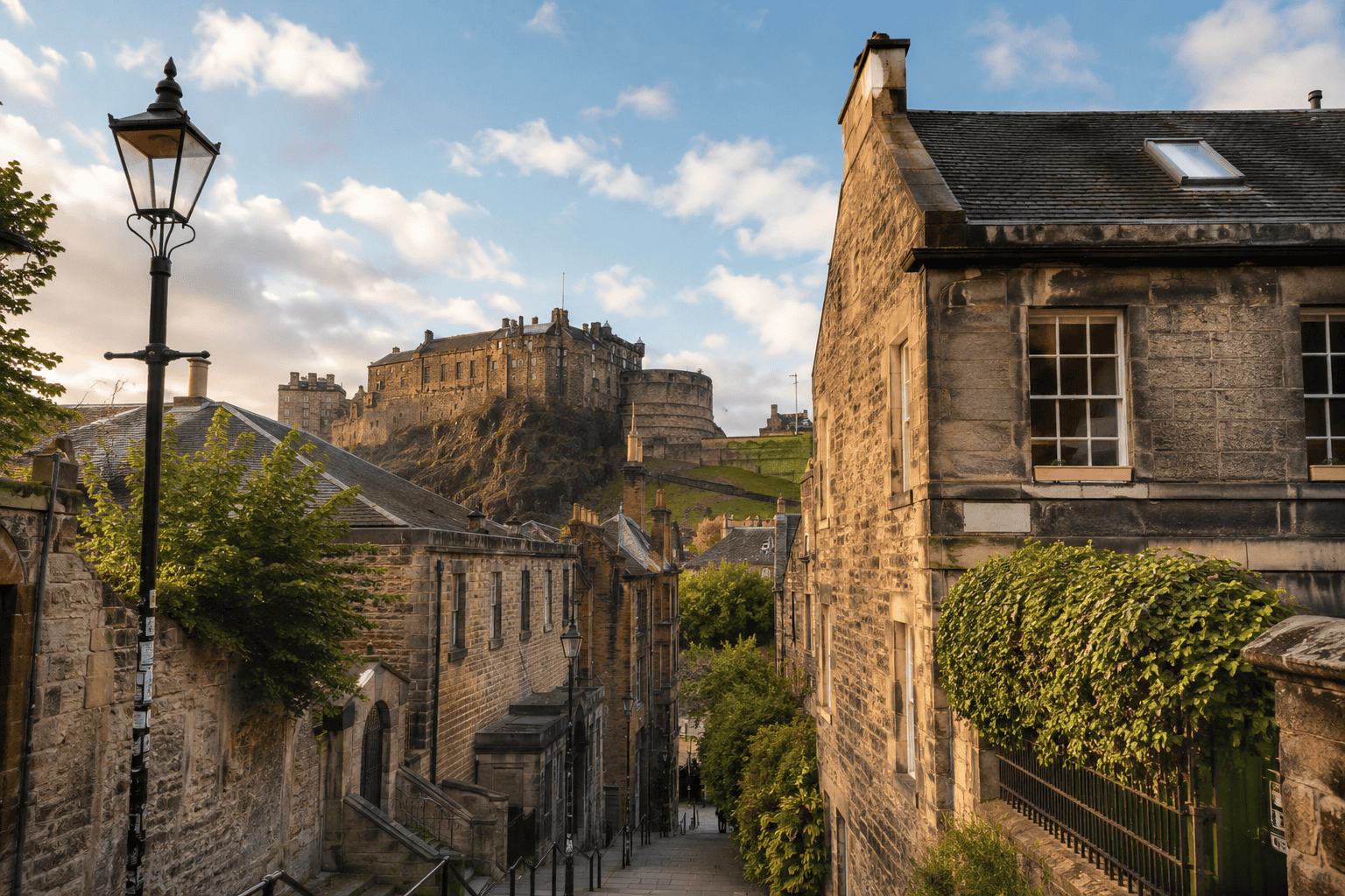 Historic Edinburgh Old Town street, one of the best areas to stay in Edinburgh for atmosphere