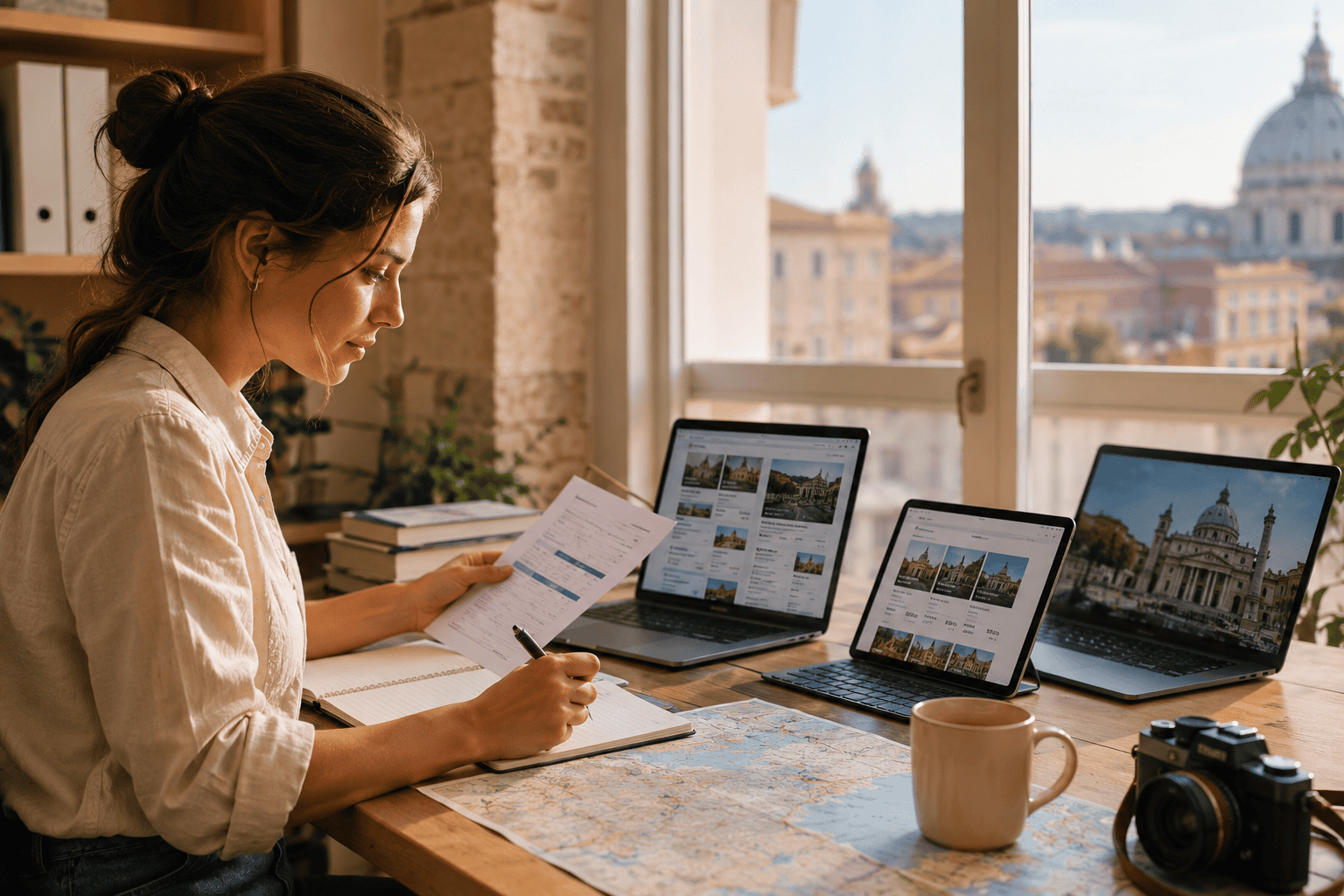 Generated image: Focused planning with a city view