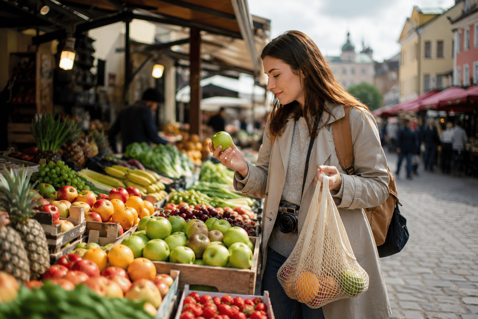 European street market with affordable local food options