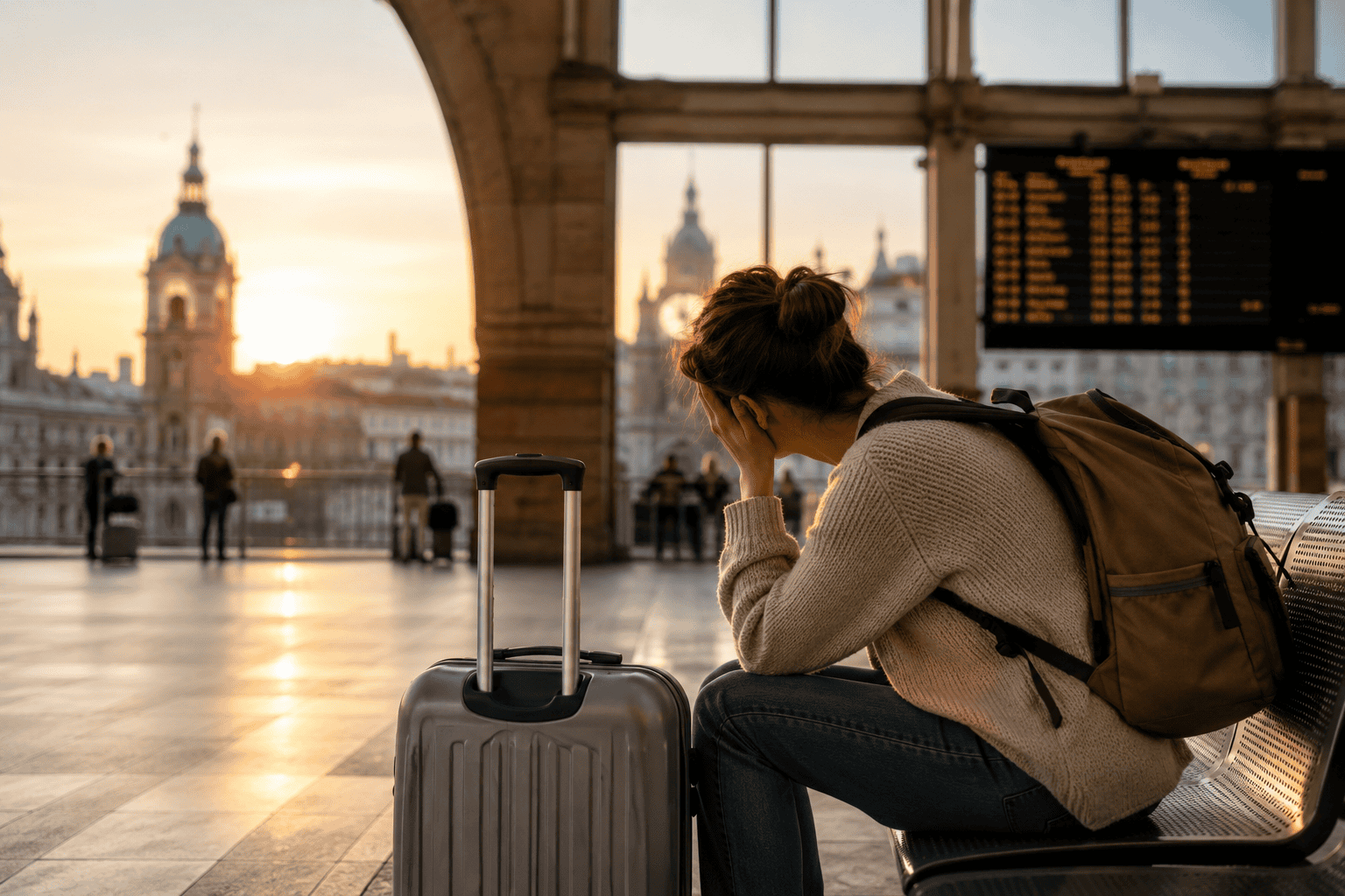 Traveller waiting at a European train station during a transit day