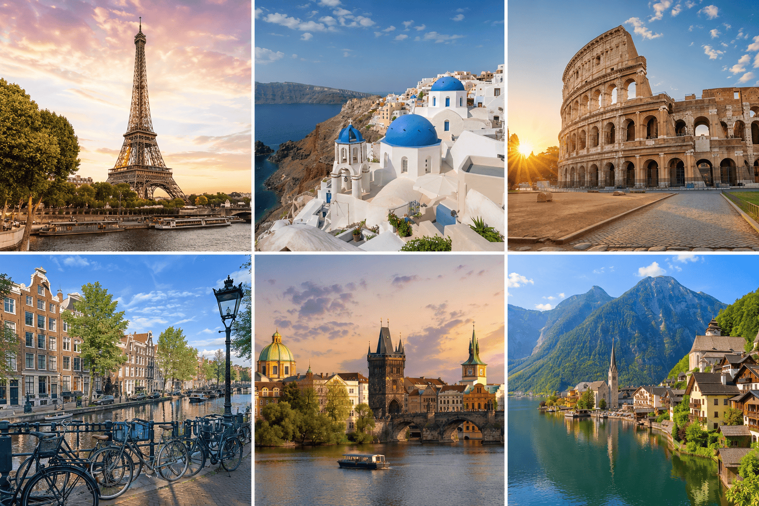 European cityscapes at golden hour for first-time Europe trips