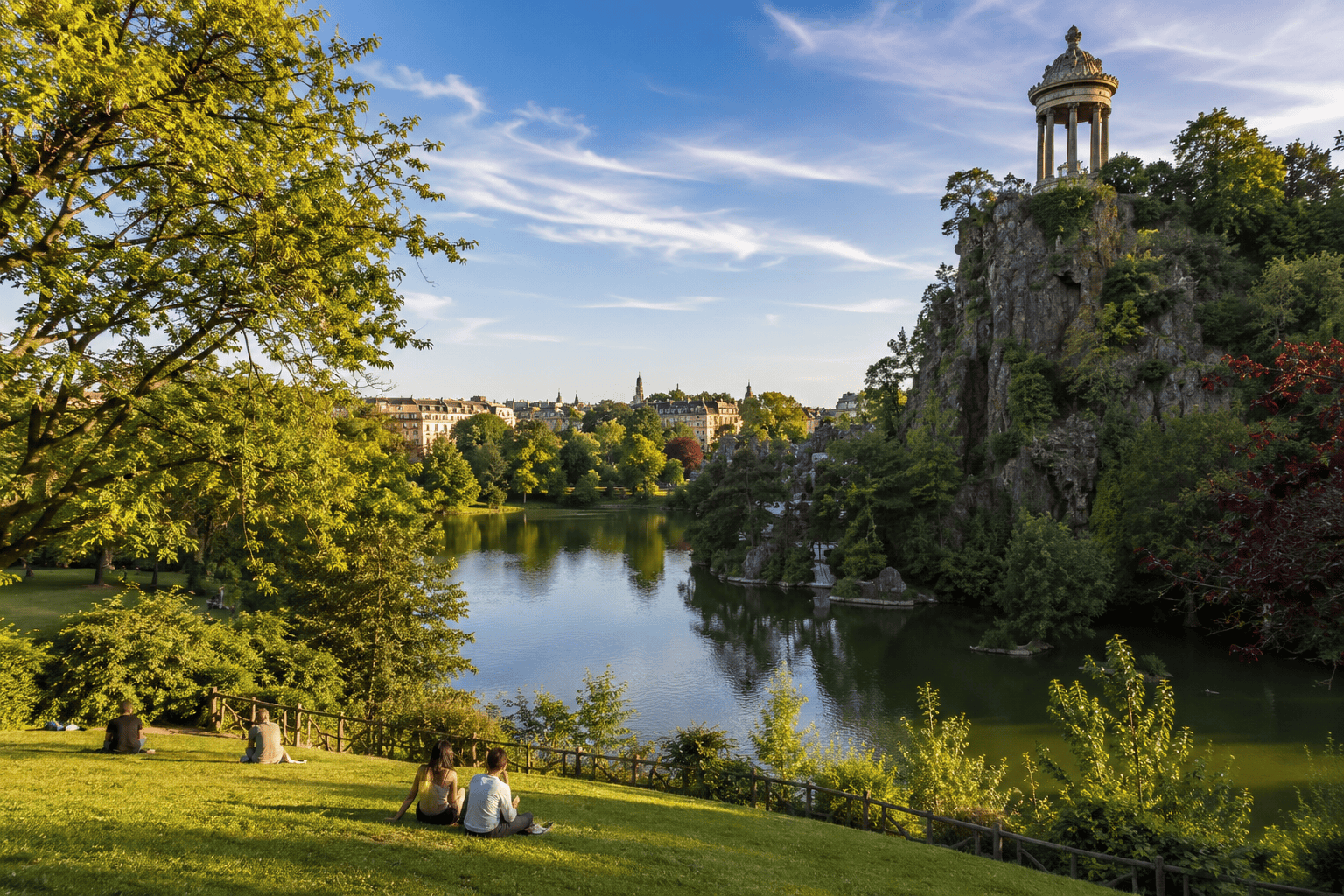 Tranquil Parc des Buttes-Chaumont with lake and greenery in Paris