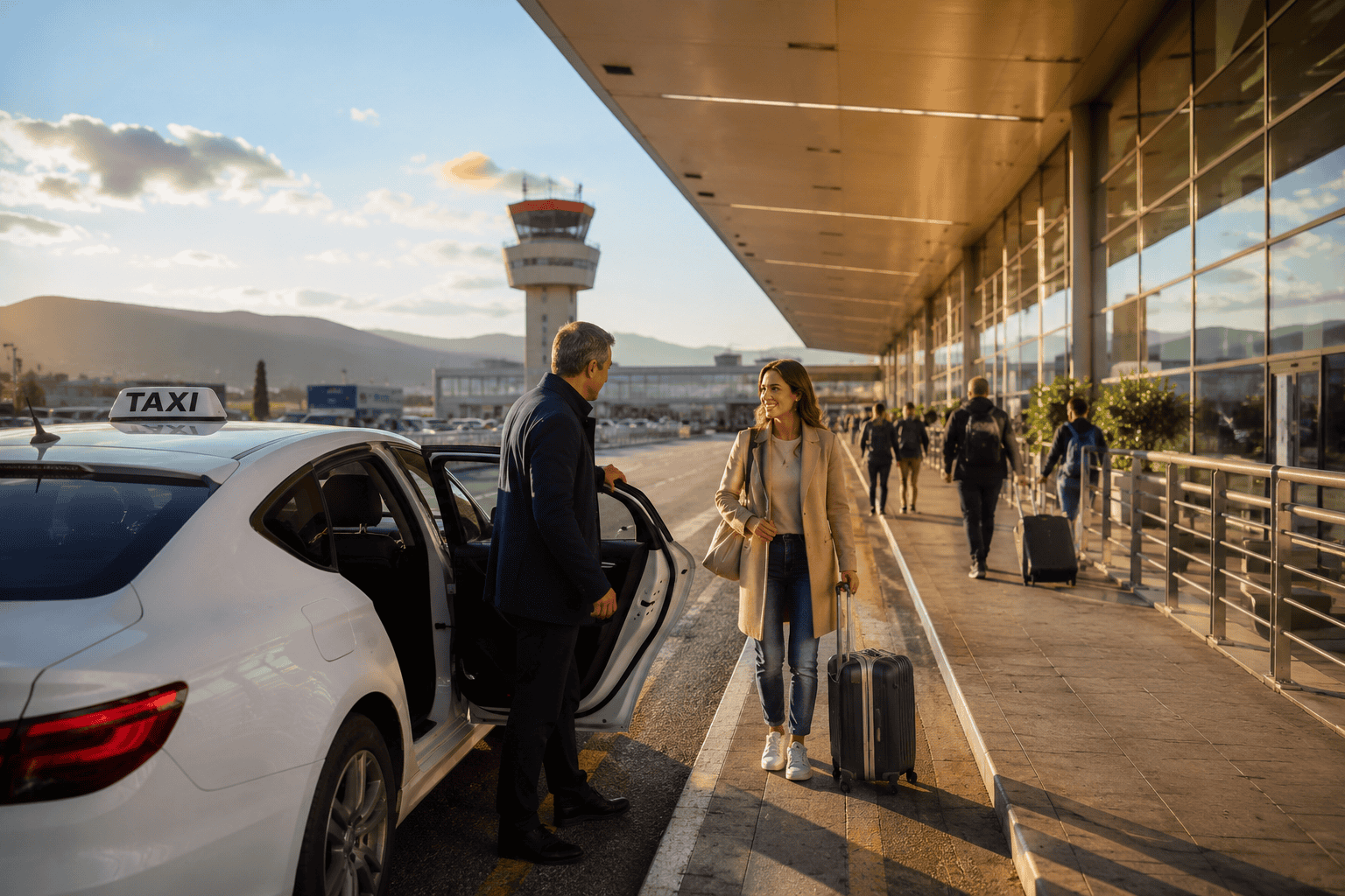 Generated image: Airport taxi pickup under warm sunlight