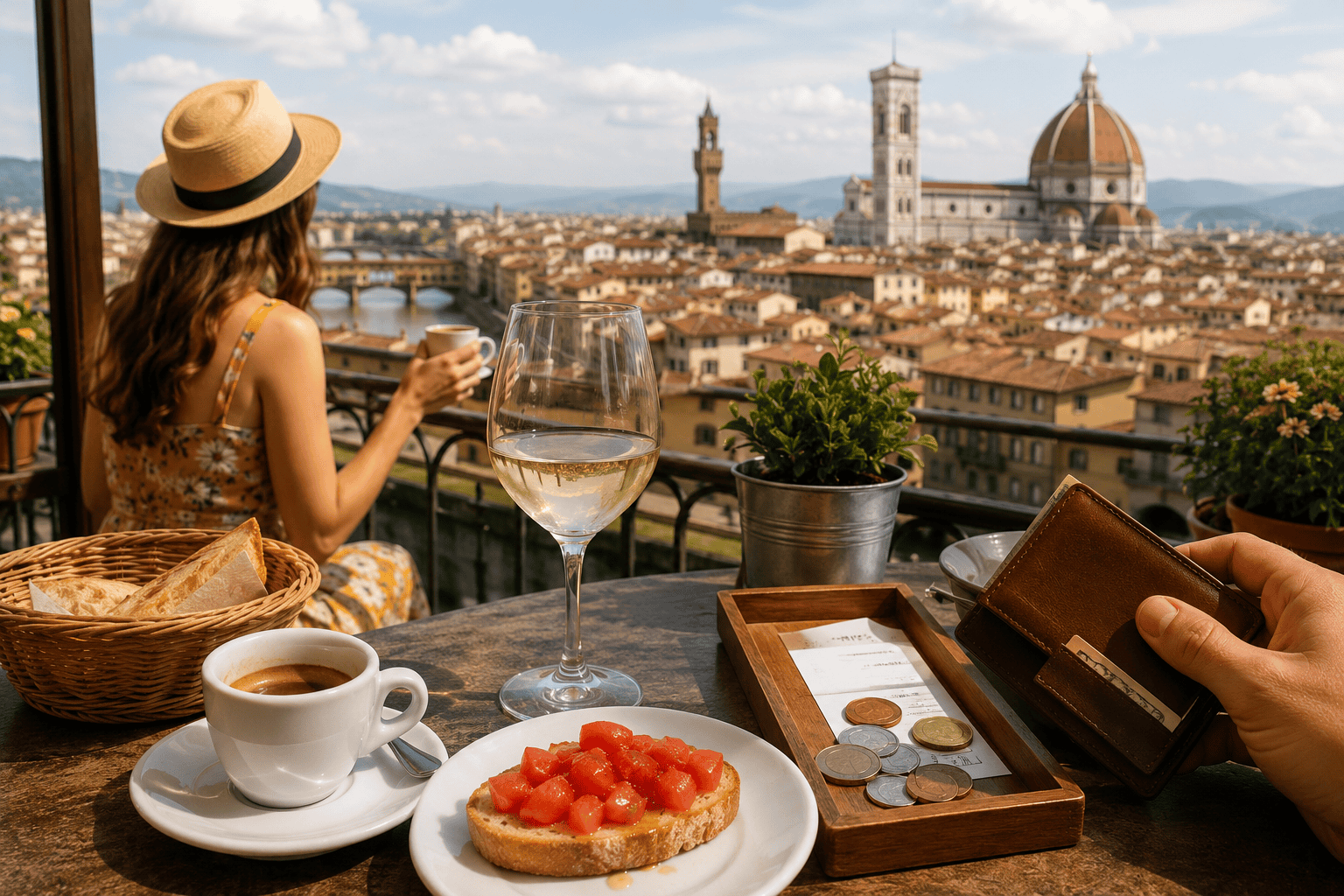 Traveler reviewing Florence costs at a cafe table