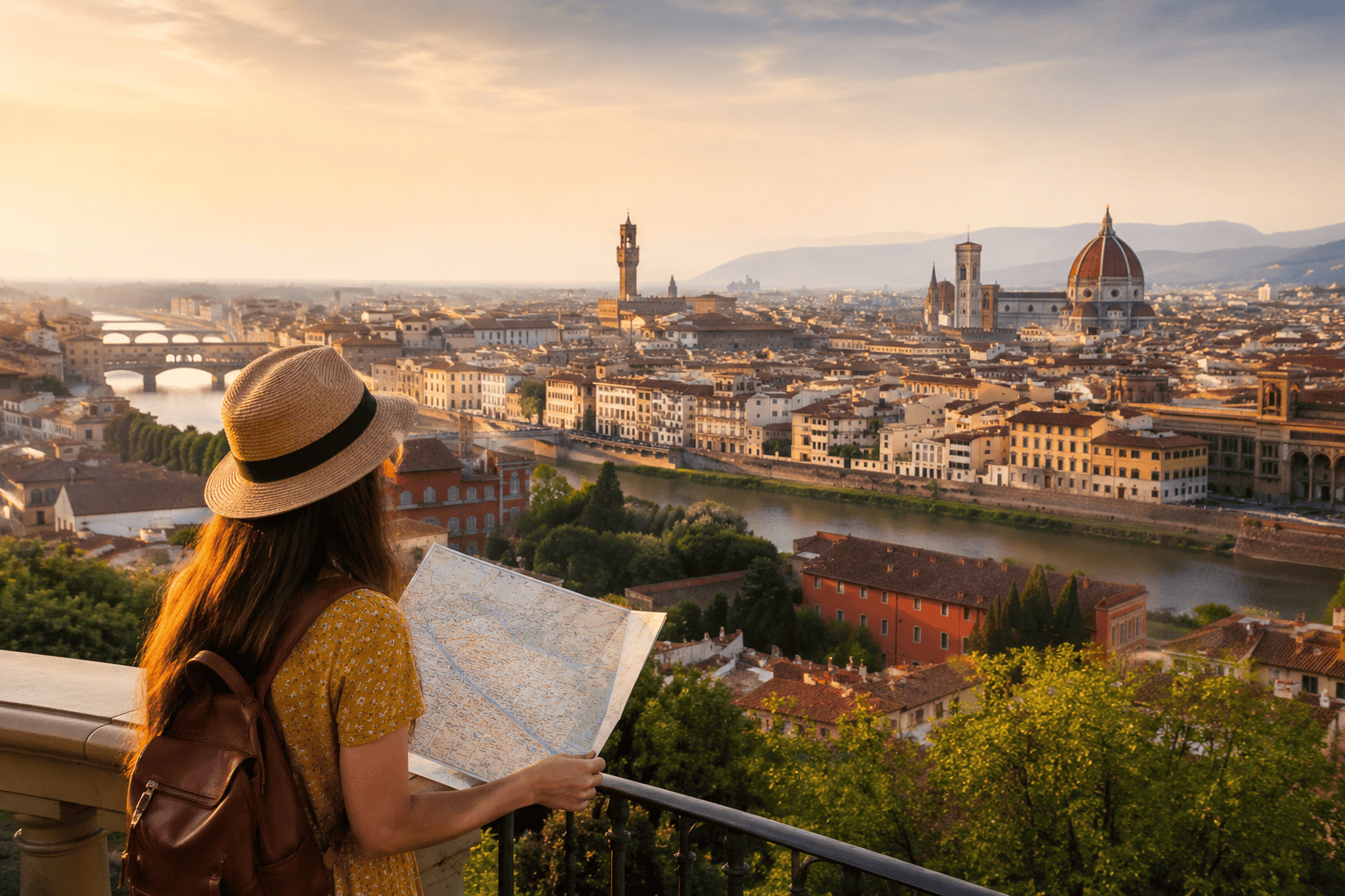 Golden hour view over Florence rooftops and historic landmarks