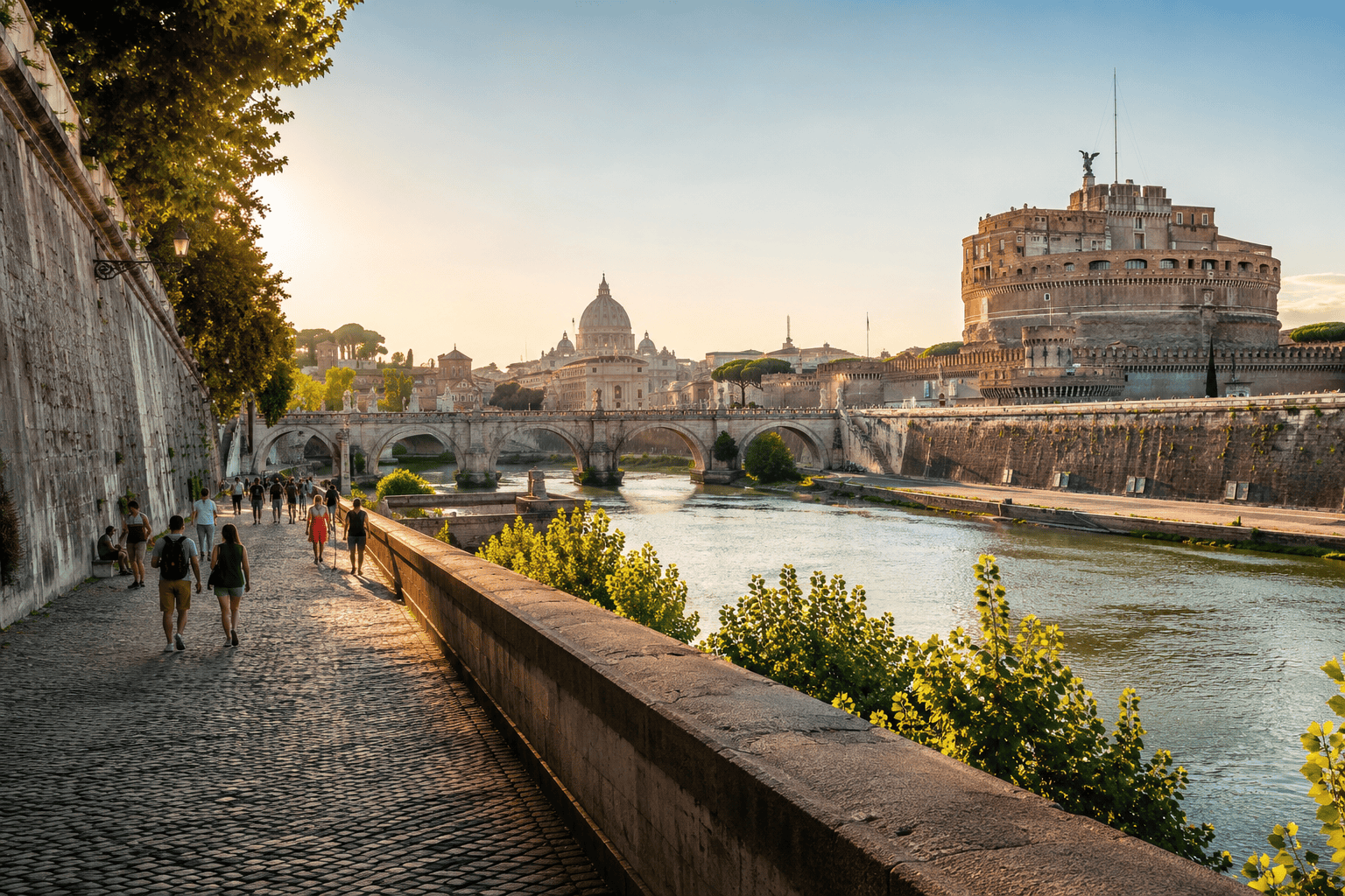 Golden hour along a riverside promenade in Rome