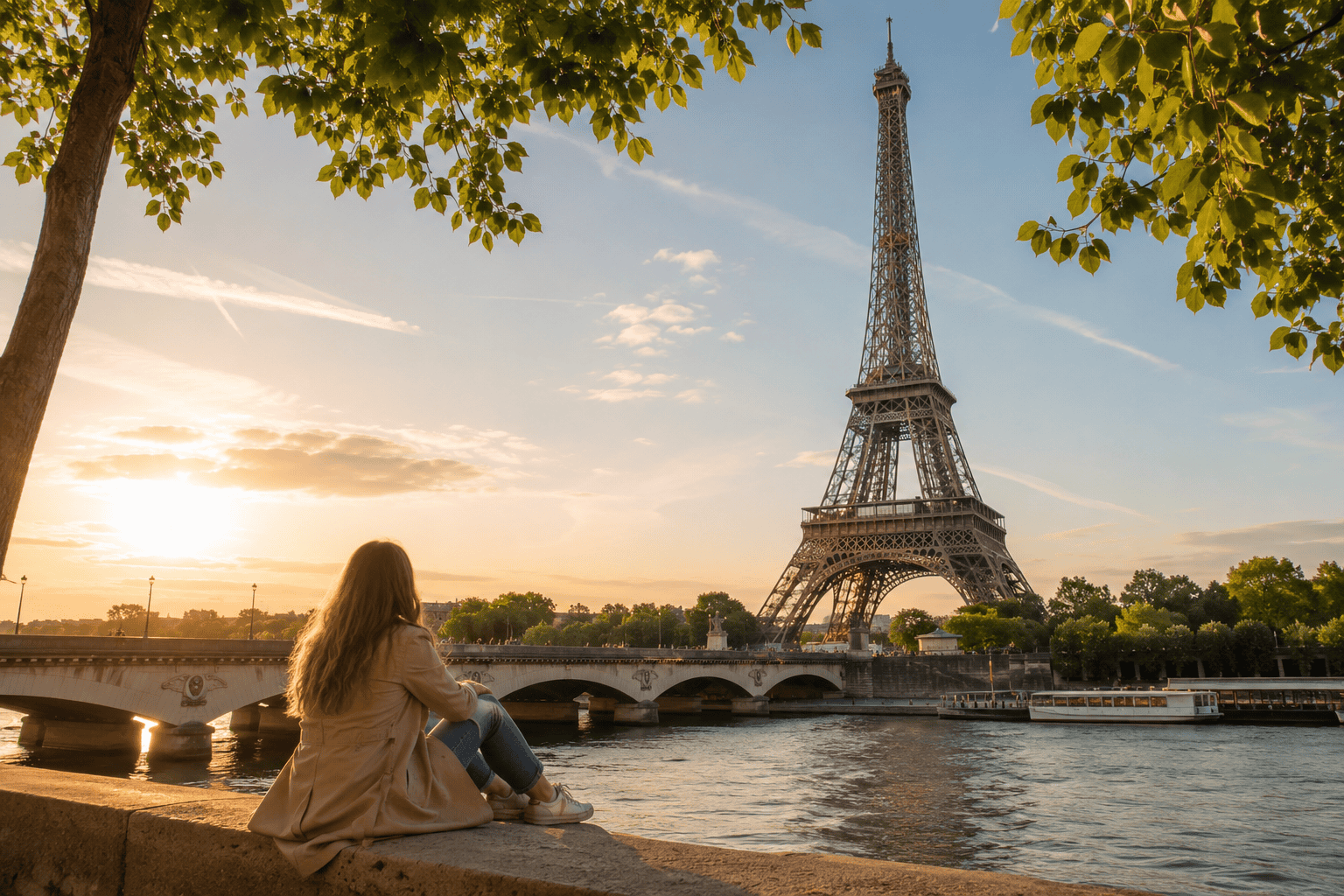 Free Eiffel Tower view in Paris at sunset from the Seine