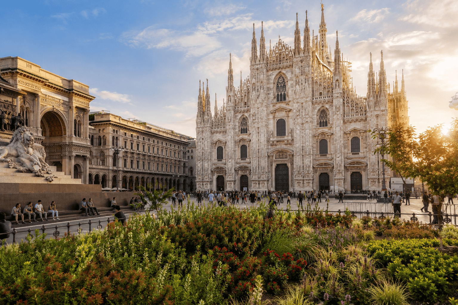 Gothic cathedral and lively plaza scene in Milan