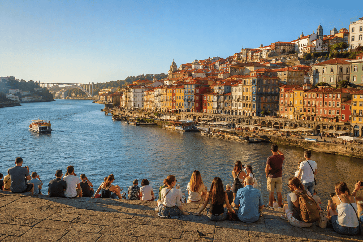 Golden hour along the Porto riverside