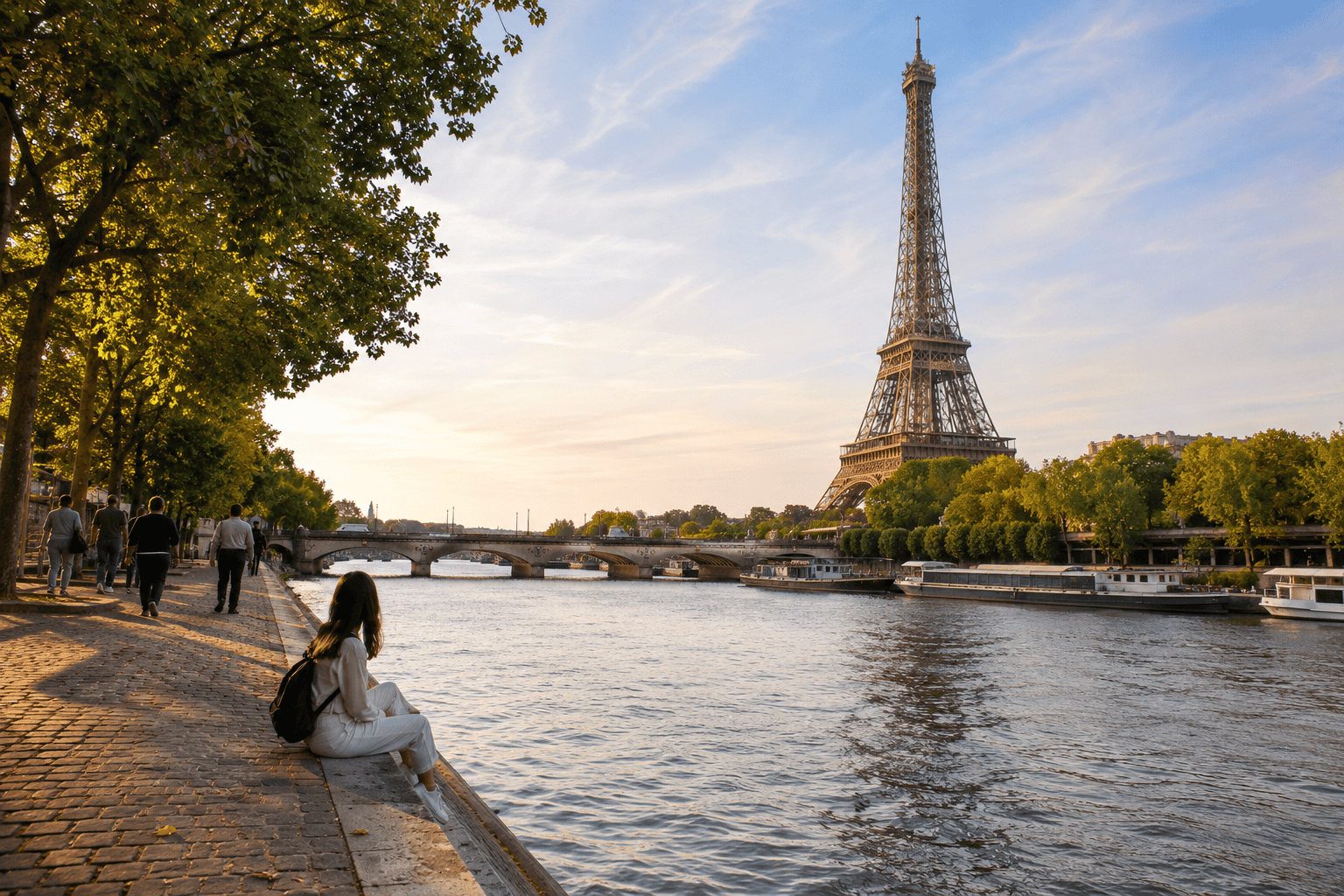Walking along the Seine in Paris at sunset