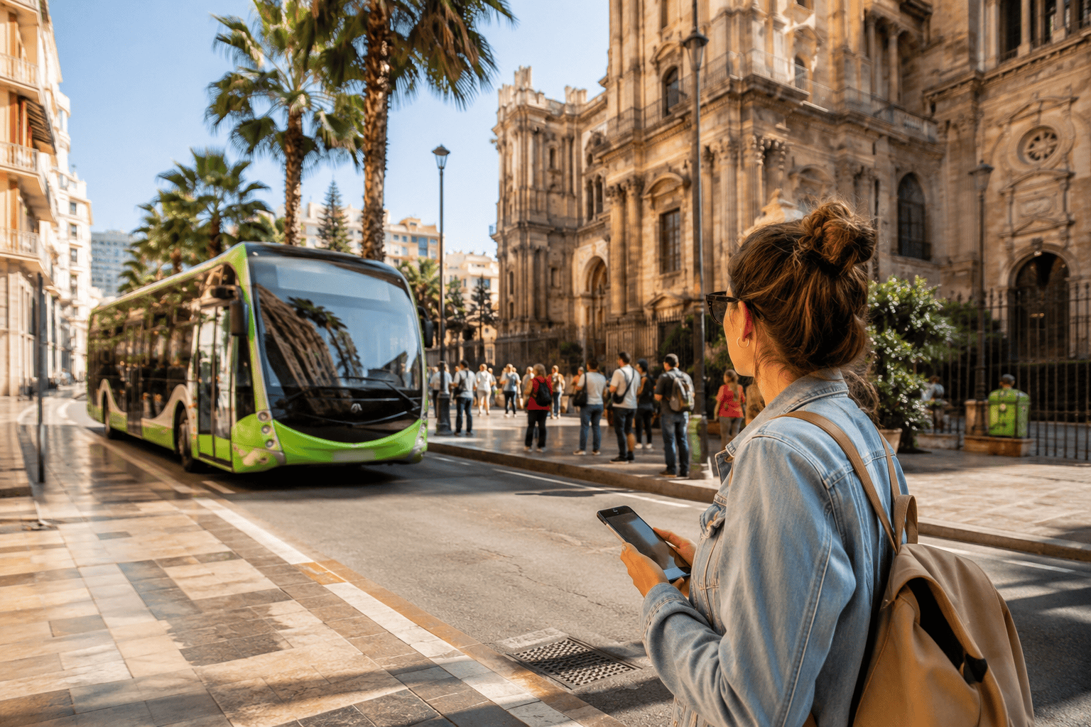 Generated image: Sunlit street scene with bus and tourists
