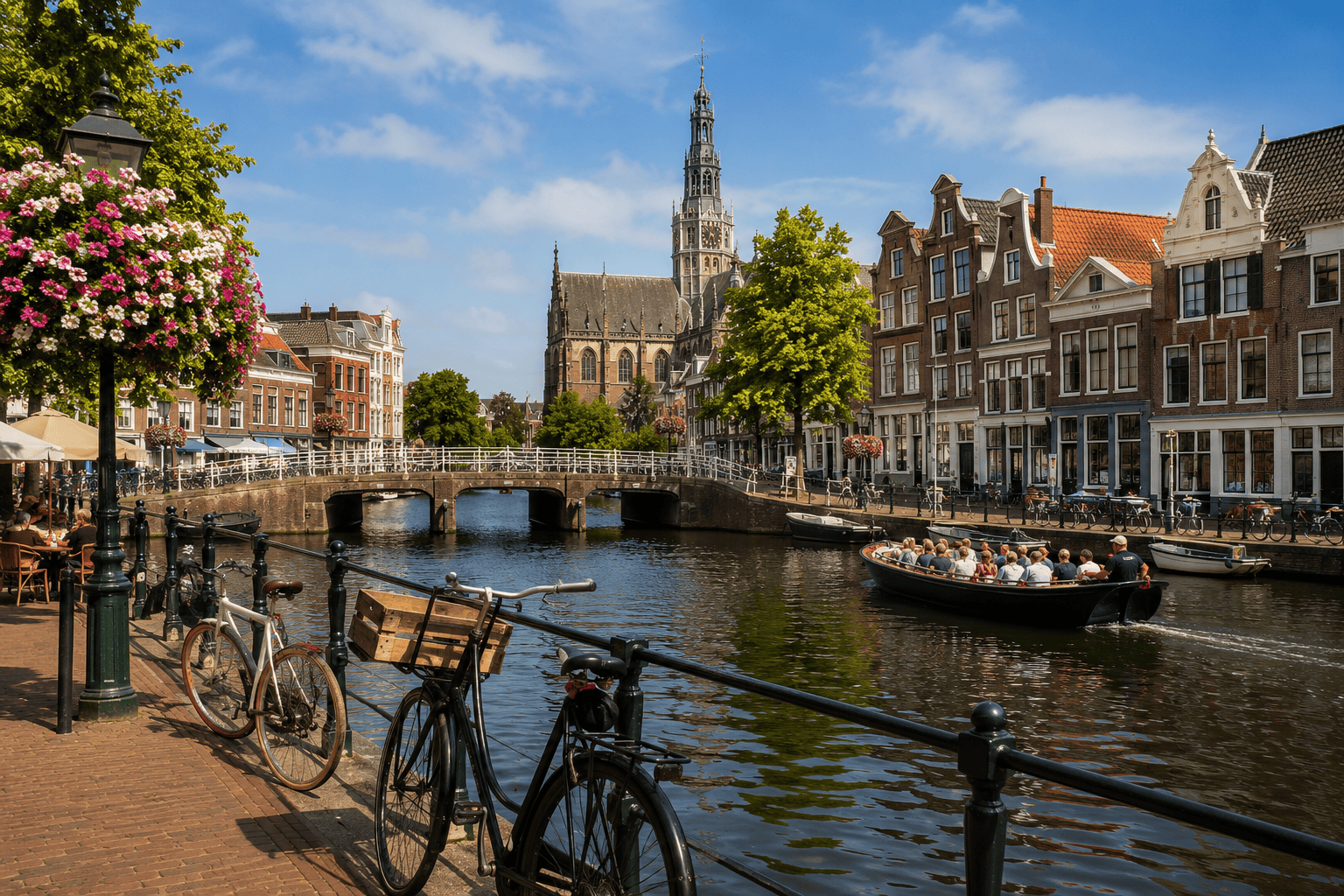 Canal, bicycles, and boats in Haarlem, one of the easiest day trips from Amsterdam