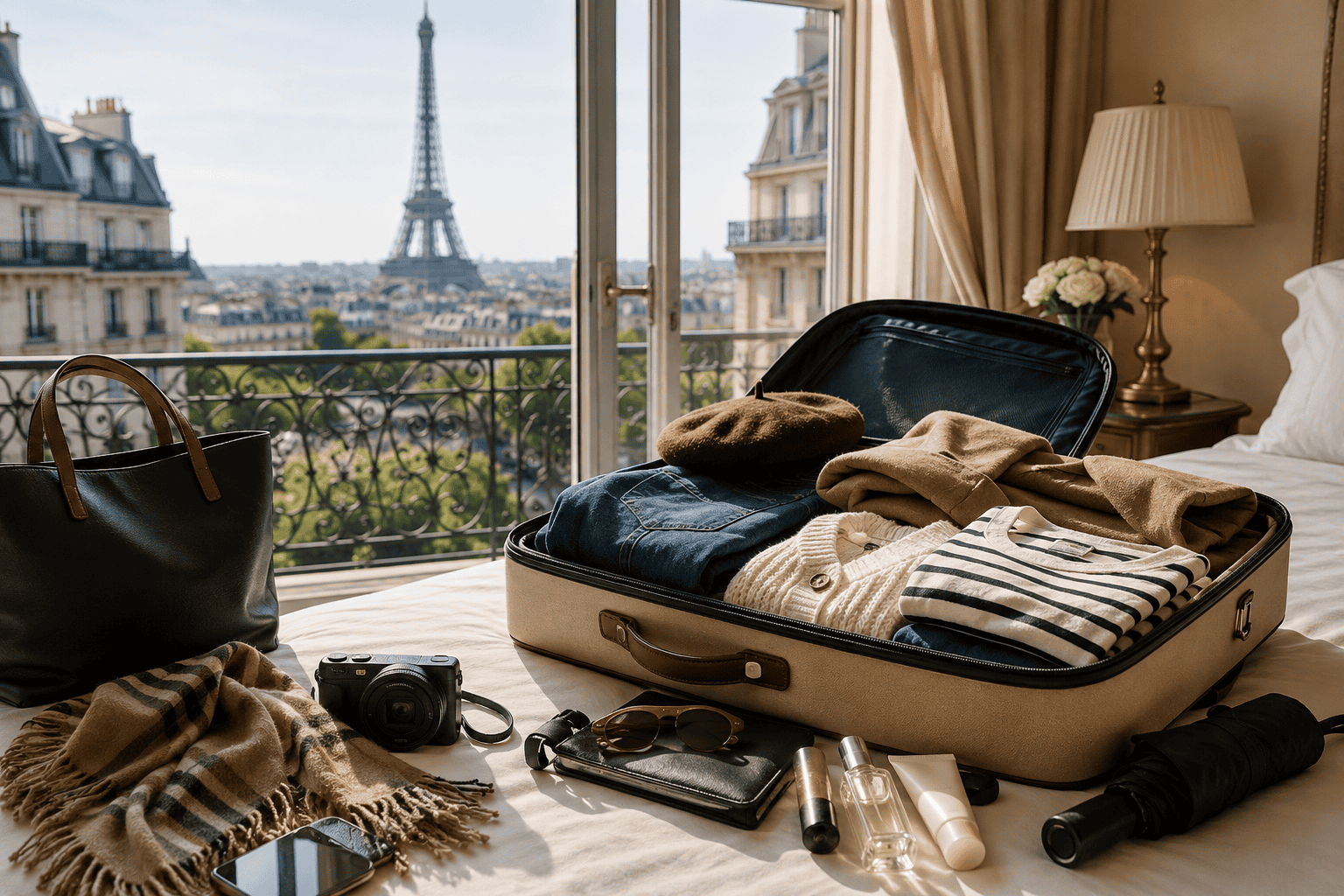 Generated image: Cozy Parisian travel prep with a view