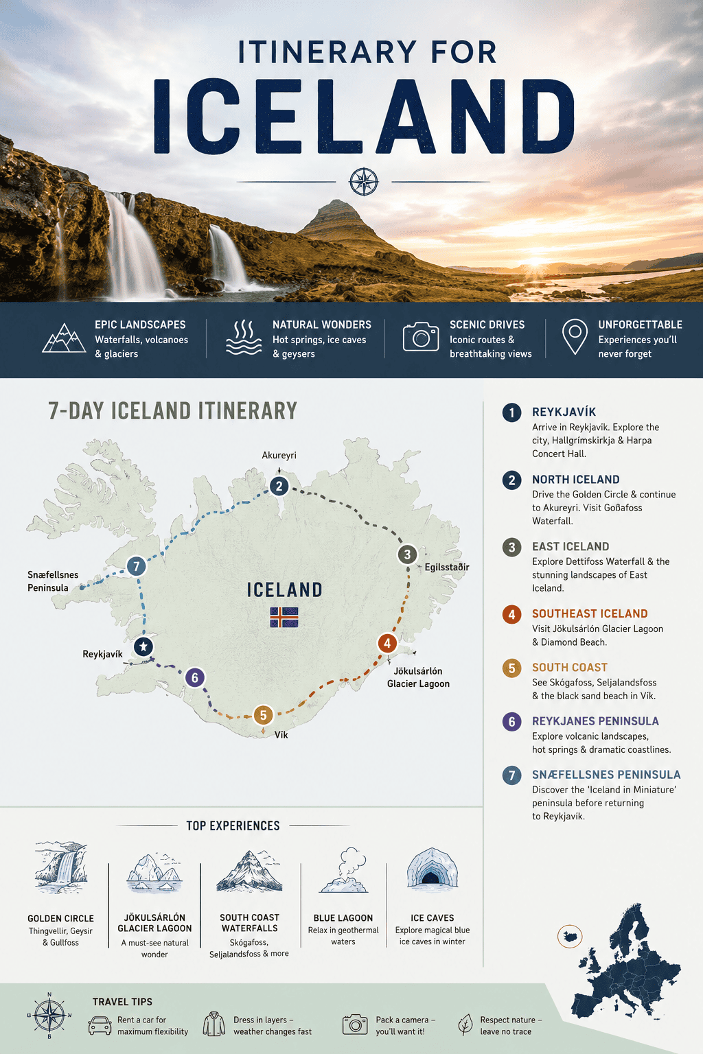 iceland 7 day travel itinerary infographic map guide