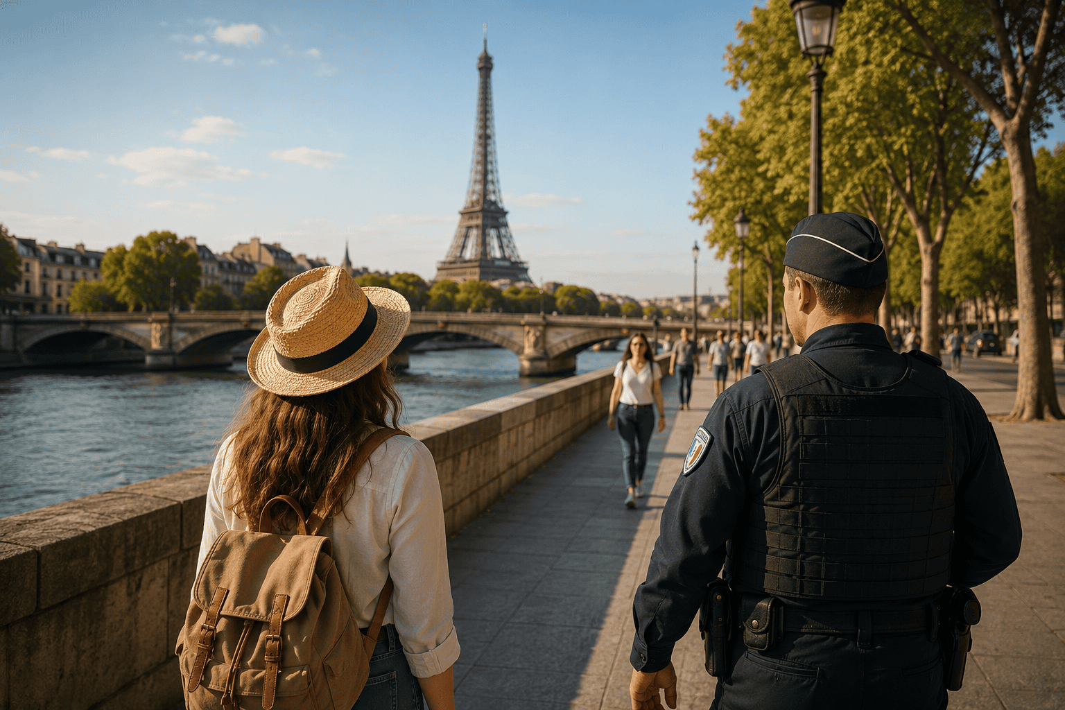 Riverside promenade with Eiffel Tower view in Paris