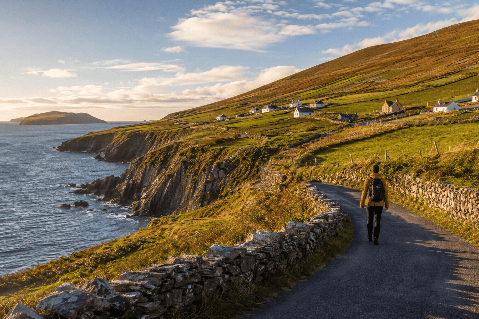 Generated image: Coastal road with village and cliffs