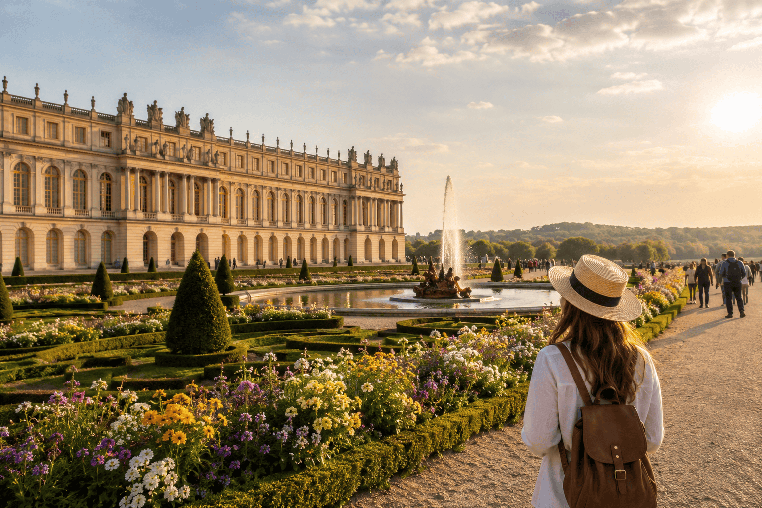 Versailles gardens at golden hour during a day trip from Paris