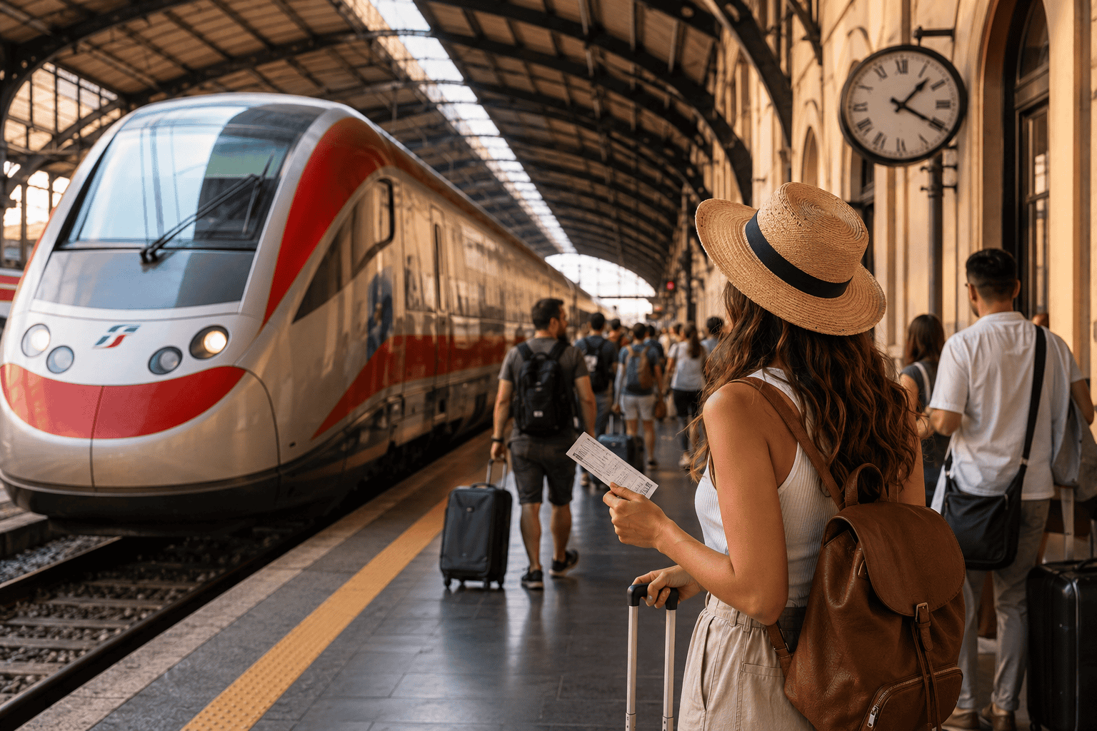 First-time visitors navigating an Italy train station with luggage