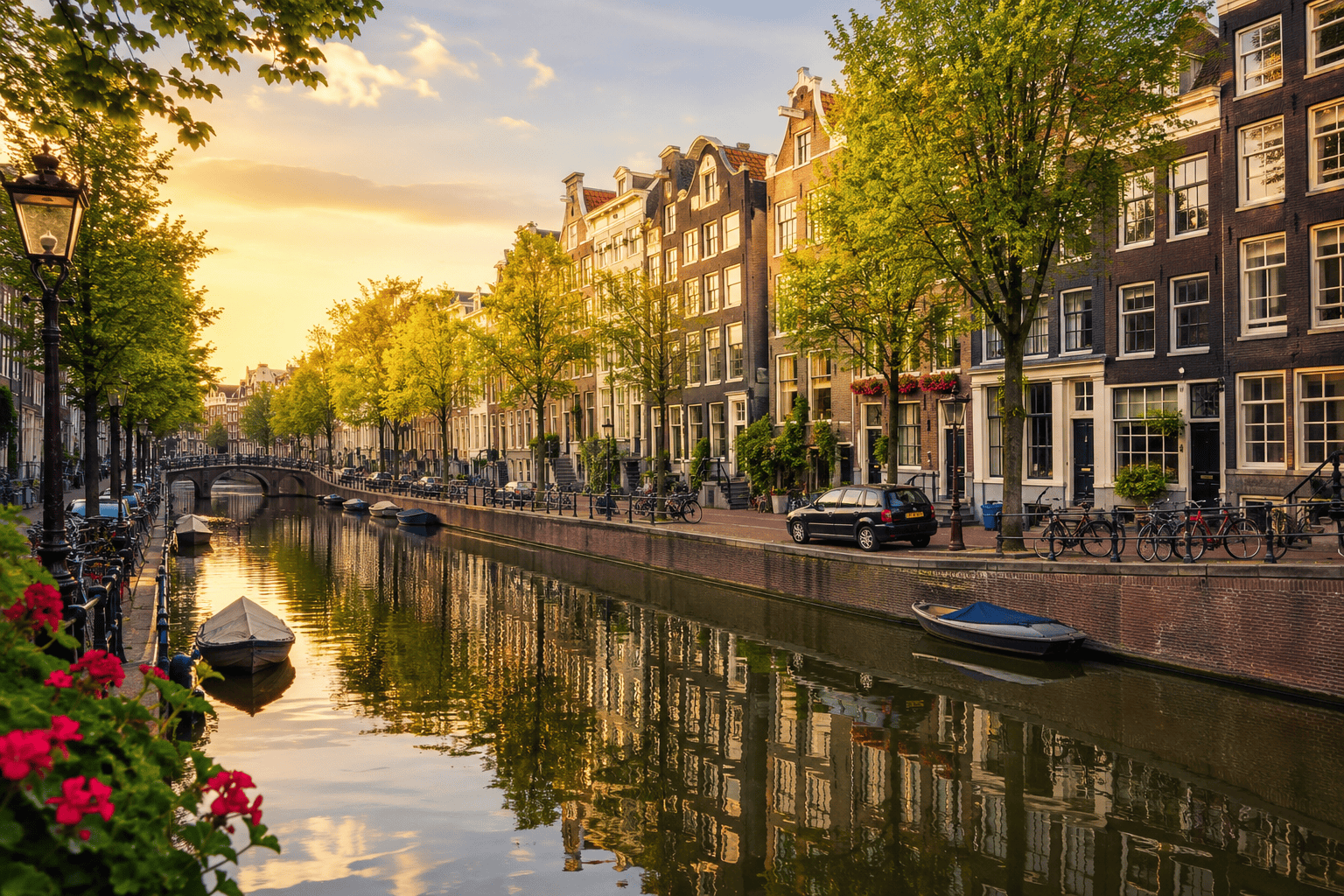 Tranquil Jordaan canal neighborhood in Amsterdam at sunset