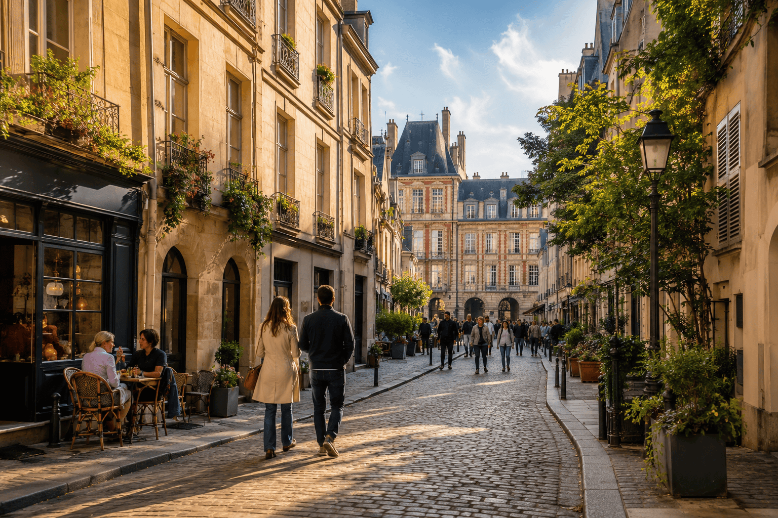 Quiet street in Le Marais, one of the best areas to stay in Paris for first-time visitors