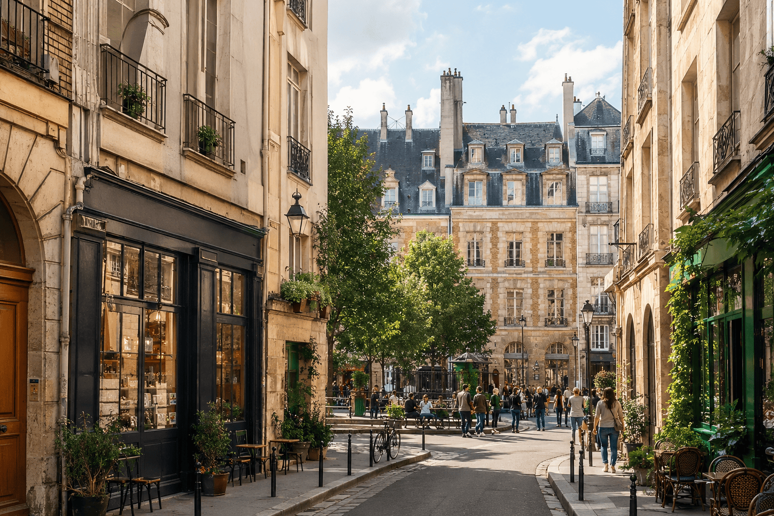 Le Marais street with cafés and historic buildings in Paris