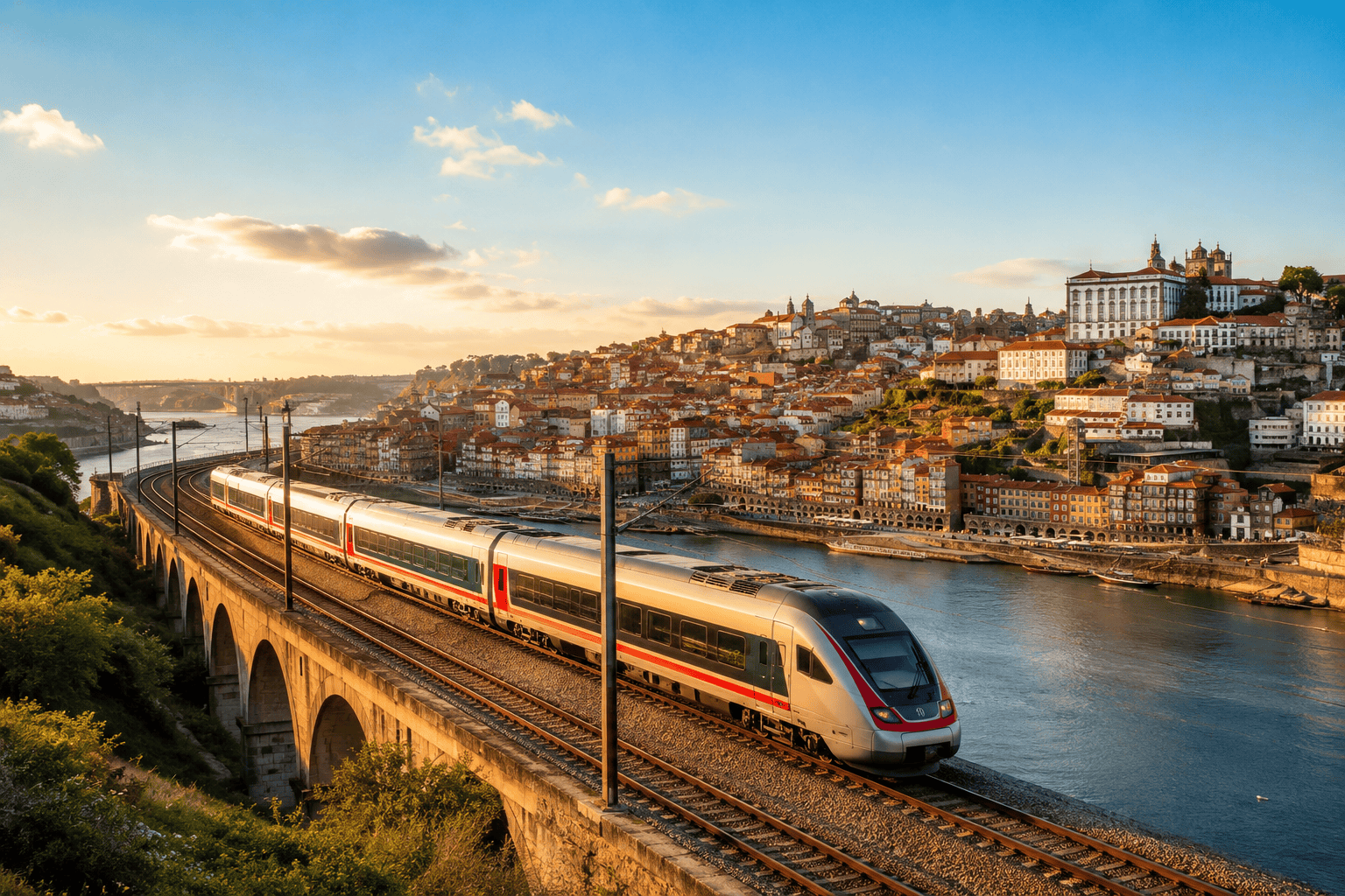 Generated image: Train on viaduct with waterfront city