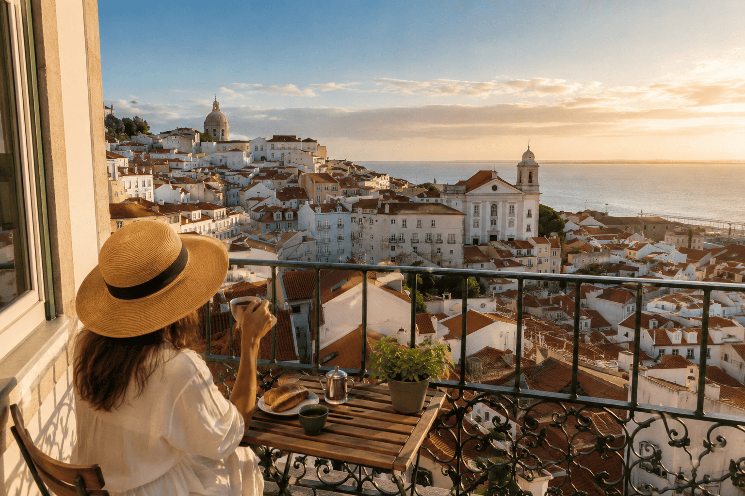 Balcony view over Lisbon at golden hour
