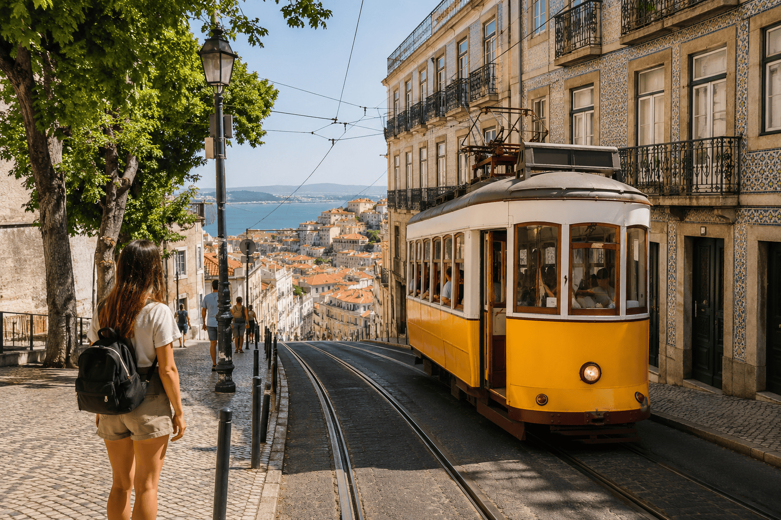 Vintage tram traveling through a Lisbon street