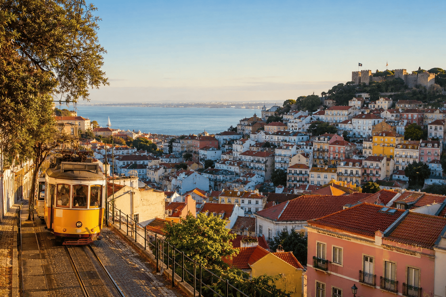 Historic tram and cityscape in Lisbon