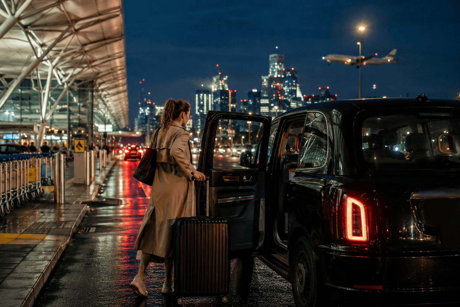 Late-night London airport taxi transfer into the city